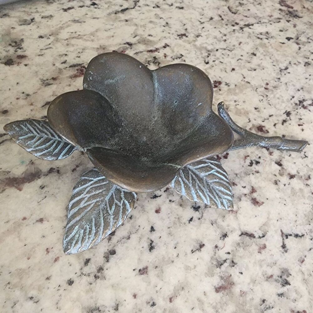 Bronze Rose Flower Candle Holder Ring Trinket Holder Verdigris Patina